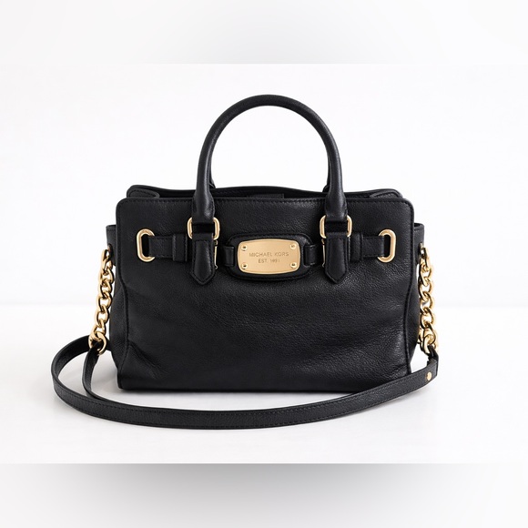 Michael Kors Handbags - Michael Kors Hamilton East West Medium Black Pebbled Leather Bag, Gold Hardware